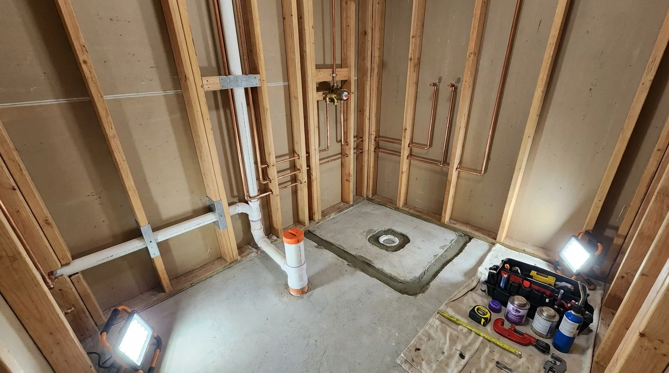 Bathroom rough-in plumbing during remodel by Johns Plumbing LLC in Ellwood City