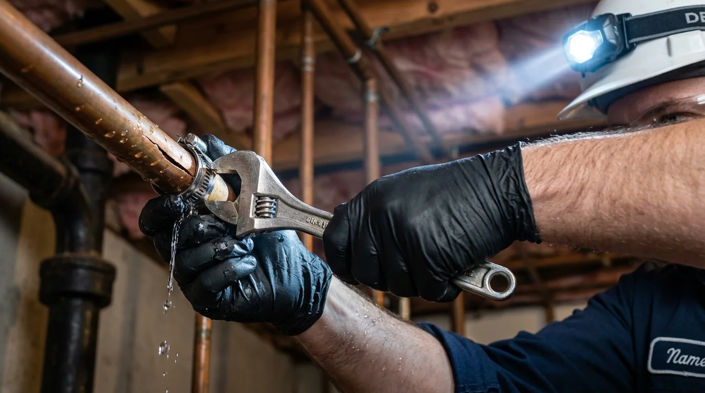 Emergency pipe clamp repair being performed by a Johns Plumbing LLC plumber in Ellwood City