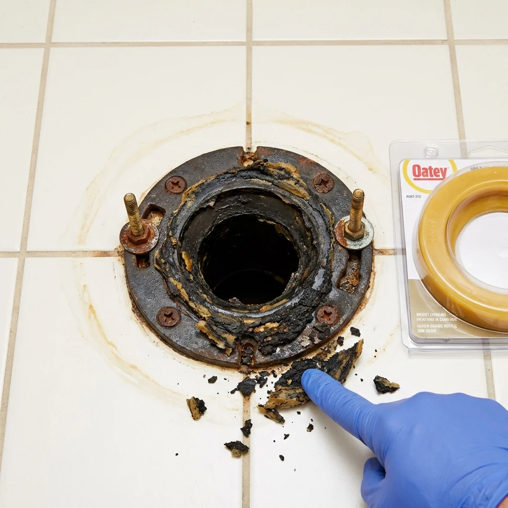 Failed wax ring showing water seepage at the base of a toilet in a Ellwood City, PA home