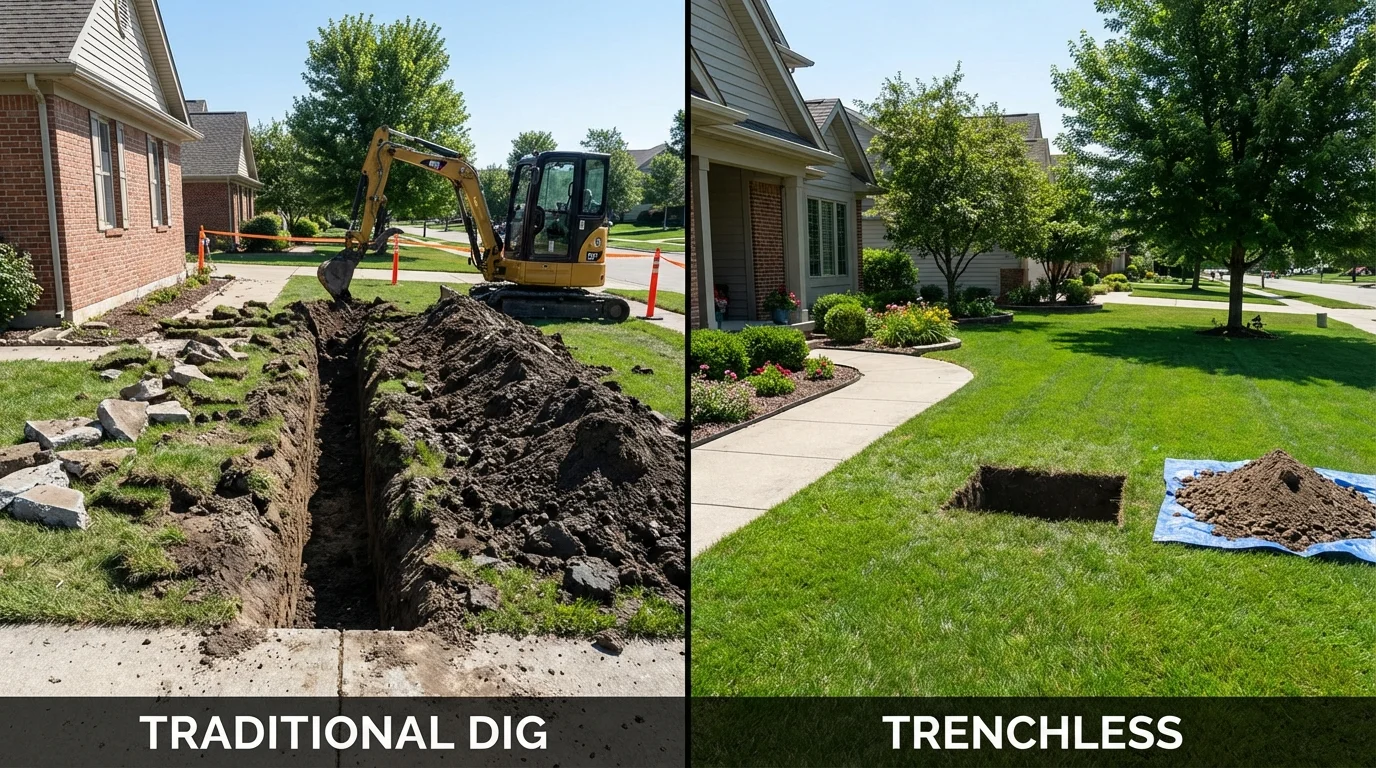 Trenchless sewer repair with minimal yard damage versus traditional excavation in Ellwood City, PA