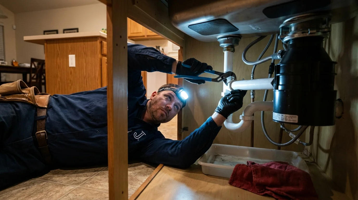 P-trap and supply line connections under a kitchen sink showing a common leak point in Ellwood City, PA